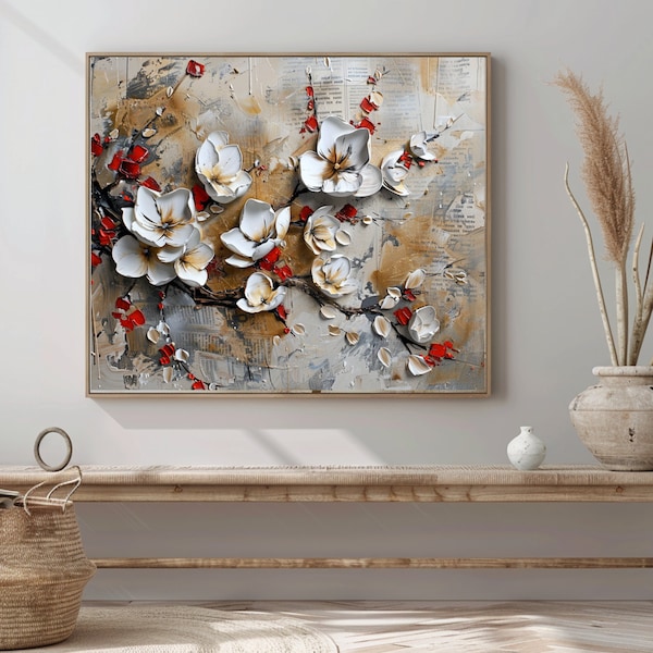 Abstract painting | White and red blossoms | Oil on Canvas | Large Wall Art | Gold details | Stylish design | Printable art | Flower Prints