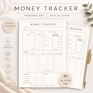 Könnte beinhalten: Ein druckbarer PDF-Geld-Tracker mit sauberem, minimalistischem Design. Das Layout umfasst Abschnitte für Einnahmen, Ausgaben und Sparziele, mit einer Glasgrafik zur Visualisierung des Fortschritts. Der Text enthält "Money Tracker", "Printable PDF" und "A4 & US Letter".