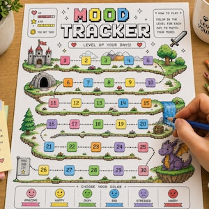 May include: A printed mood tracker with a fantasy theme. The design features a path with numbered boxes, a castle, a dragon, and a waterfall. The text "MOOD TRACKER" is at the top. A hand is coloring the tracker with a blue pencil.