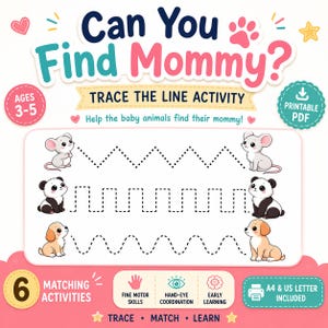 Könnte beinhalten: Ein ausdruckbares PDF-Arbeitsblatt für Kinder im Alter von 3-5 Jahren mit dem Text "Can You Find Mommy?" und "Trace the Line Activity". Das Blatt enthält Illustrationen von Babytieren und gepunktete Linien zum Nachzeichnen, zur Förderung der Feinmotorik und Hand-Augen-Koordination.