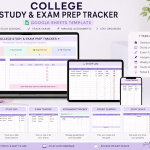 Könnte beinhalten: Eine digitale Vorlage für College-Studien und Prüfungsvorbereitung, die auf einem Laptop, Tablet und Telefon angezeigt wird. Die Oberfläche ist in Lila- und Weißtönen gehalten und enthält Abschnitte für Studienprotokolle, Prüfungstracking und Aufgabenverwaltung. Der Text lautet "College Study & Exam Prep Tracker."