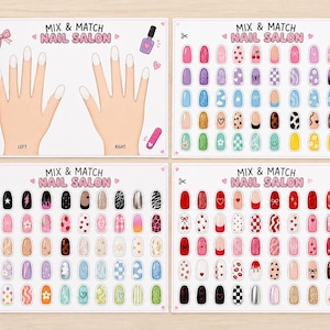 Könnte beinhalten: Vier Karten mit Nageldesign-Designs und dem Text "MIX & MATCH NAIL SALON". Die Karten zeigen Illustrationen von Händen, Nagellack und verschiedenen Nagelkunststilen, darunter Muster, Farben und Designs. Rosa Scheren, Nagellackflaschen und herzförmige Dekorationen sind ebenfalls sichtbar.