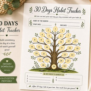 Puede incluir: Un rastreador de hábitos imprimible de 30 días con un diseño de árbol. El rastreador incluye espacios para registrar el hábito del mes, las fechas de inicio y fin, y una sección para los próximos 5 hábitos. El texto dice: Construye la consistencia día a día.
