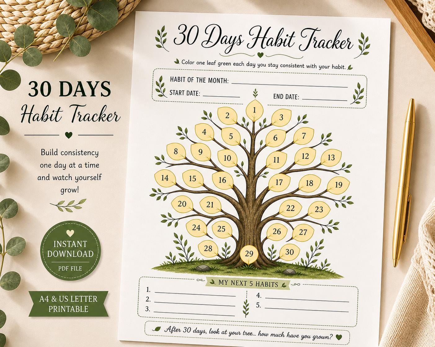 Tree Tracker Pdf 30 Day Habit Tracker Printable Tree Habit of the Month Planner A4 & US ...