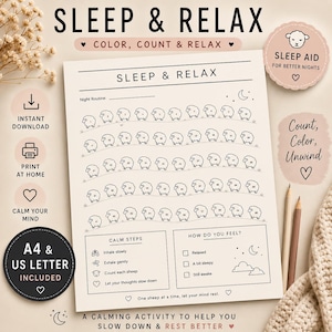 Sleep Aid Printable Count Sheep Coloring Page Anxiety Relief Activity Bedtime Routine Relaxation Worksheet Kids & Adults A4 US Letter