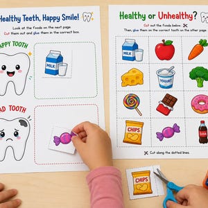 Könnte beinhalten: Lehrblatt mit dem Text "Healthy Teeth, Happy Smile!" und "Healthy or Unhealthy?" mit Illustrationen von Zähnen, Lebensmitteln und Kinderhänden, die Lebensmittelbilder mit einer Schere ausschneiden. Enthält Milch, Apfel, Karotte und mehr.