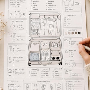Puede incluir: Un planificador de viaje en blanco y negro con una ilustración de maleta. El planificador incluye secciones para detalles del viaje, una lista de embalaje y combinaciones de atuendos. Se muestra una mano marcando elementos con un bolígrafo.