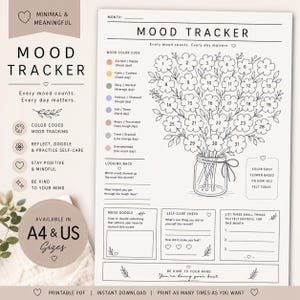 Könnte beinhalten: Ein druckbarer Stimmungstracker mit floralem Design. Der Tracker enthält Abschnitte für die tägliche Stimmungserfassung, einen Farbbcode für die Stimmung und Aufforderungen zur Selbstreflexion. Erhältlich in A4- und US-Größen.