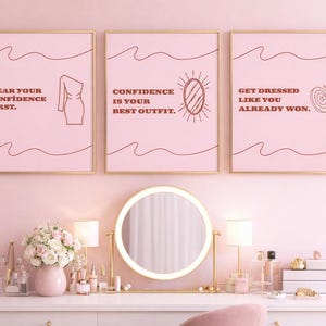 Conjunto de tres láminas tamaño A4 para decorar la pared del vestidor, pósteres con frases de moda, decoración de armario, arte mural que inspira confianza, láminas con estética rosa para imprimir.
