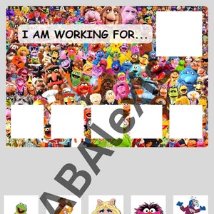 May include: A printable game board featuring a collage of Sesame Street characters. The game board has a title that reads "I am working for..." and five blank spaces for players to write in their answers. The game board is surrounded by a white border.
