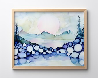 Op de afbeelding: Abstracte aquarelverf van een berglandschap met een grote roze zon aan de hemel. De bergen zijn lichtblauw en groen, en het water is donkerblauw met witte bubbels. Het schilderij is ingelijst in een licht houten lijst.