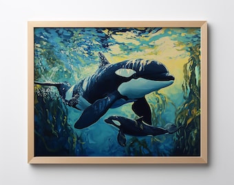 May include: A painting of a mother orca and her calf swimming in a blue and green ocean. The orcas are black and white with white markings around their eyes. The ocean is filled with kelp and bubbles.