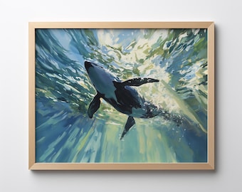 May include: A black and white orca whale swims upwards towards the surface of the water. The water is a vibrant blue and green, with sunlight shining through.