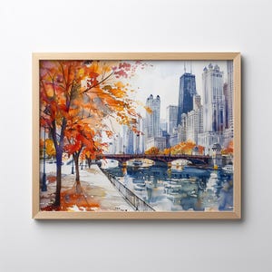 Chicago River Herbst Aquarell Kunstdruck Urbanes Stadtbild (Digitaler Download)