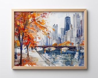 Chicago River Autumn Watercolor Art Print: Urban Cityscape (Digital Download)