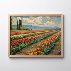 Impression d'art tulipe de la vallée de la Skagit, art mural imprimable de l'État de Washington, peinture champ de tulipes colorées, cadeau pour amateur de tulipes | V011