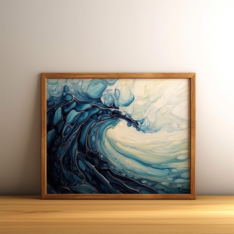 a painting of a wave in a wooden frame