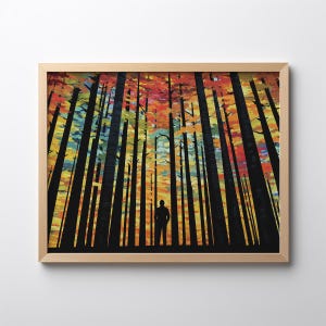 May include: A silhouette of a person standing in a forest with tall trees. The trees have colorful leaves in shades of red, orange, yellow, and green. The sky is a light blue with white clouds.