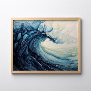 an alcohol ink painting of an ocean wave in blue and white