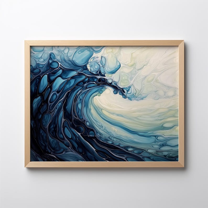 an alcohol ink painting of an ocean wave in blue and white
