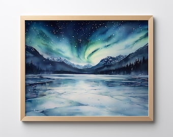 May include: A watercolor painting of a frozen lake with mountains in the background. The sky is a deep blue with a green and blue aurora borealis. The lake is covered in ice and reflects the aurora.