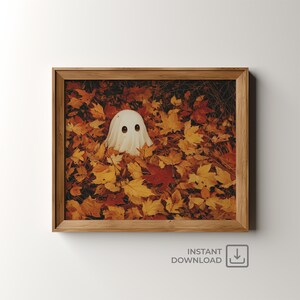 Impresión artística de pintura de fantasmas de hojas de otoño, descarga digital imprimible, decoración de Halloween económica, pintura de decoración de pared de otoño / HLWN004