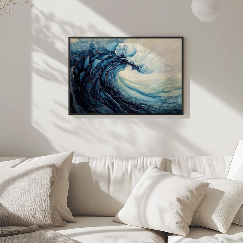 a living room with a couch and a painting on the wall
