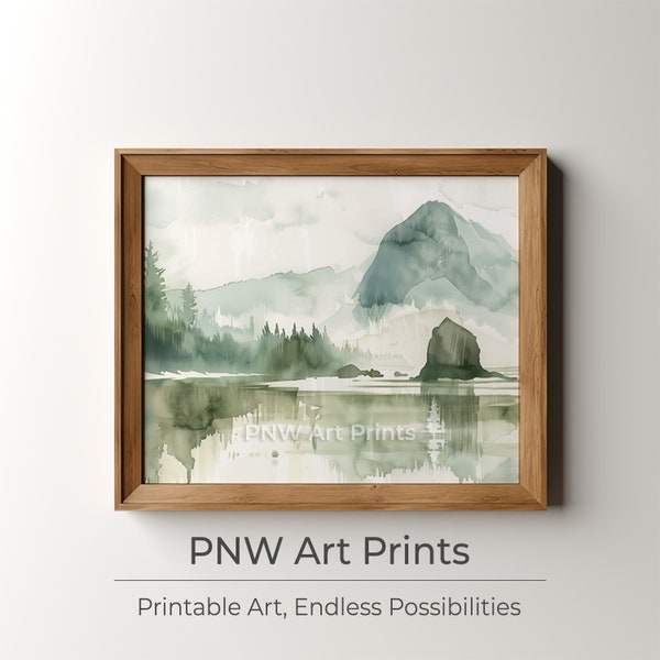 Pacific Northwest Landscape Painting, Printable Wall Art, PNW Watercolor Art, Puget Sound Beach, Coastal Decor, Digital Download | PNW009