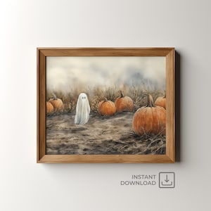 May include: A watercolor painting of a white ghost standing in a field of orange pumpkins. The background is a soft, misty gray.