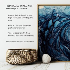 a picture of a blue painting next to a basket