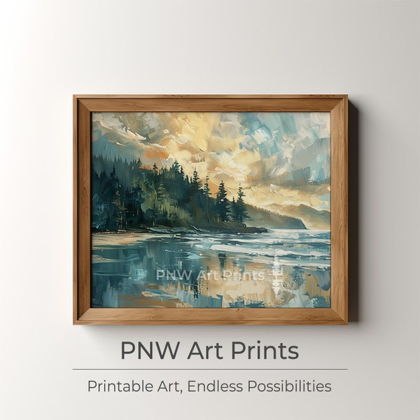 Pacific Northwest Coastal Landscape Painting, Printable Wall Art, Pacific Northwest Coastal Landscape Wall Art Digital Download | PNW002