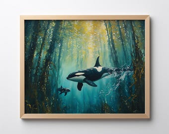 Könnte beinhalten: Ein Gemälde, das zwei Orcas zeigt, die durch einen Seetangwald schwimmen. Der größere Orca befindet sich im Vordergrund, während der kleinere Orca im Hintergrund ist. Das Wasser hat eine leuchtend blaugrüne Farbe und der Seetang ist tiefgrün.