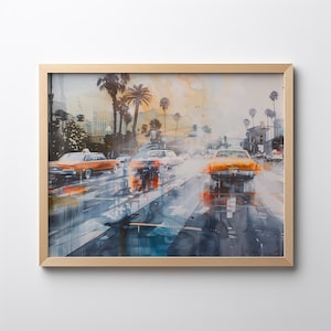 Retro Taxi Art Print, Vintage Street Scene Watercolor Painting, Printable Digital Painting | C005