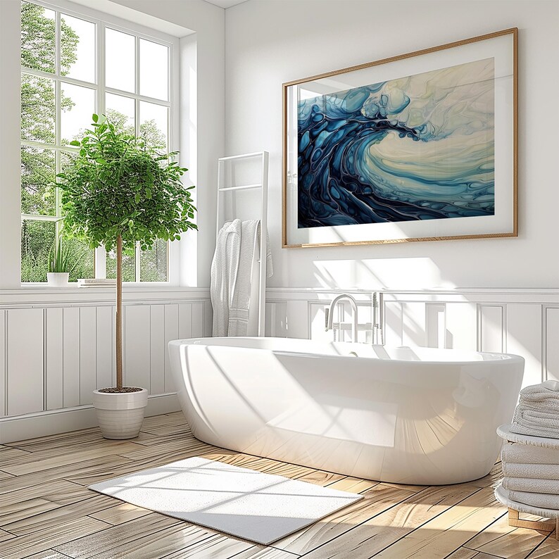 a bathroom with a large white bathtub next to a potted plant