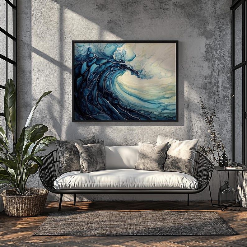 a living room with a couch and a painting on the wall