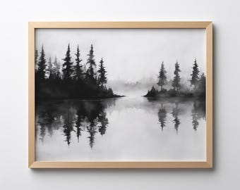 May include: A black and white watercolor painting of a misty forest scene with a lake reflecting the trees. The trees are silhouetted against the fog, creating a sense of mystery and tranquility.