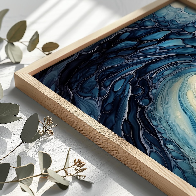 a picture of a blue and white art work