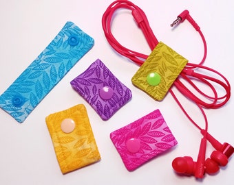 Fabric Cable Keeper - Leaf Pattern • x5 Colour Options • Earphone Tidy • Cable Organiser • Cord Holder