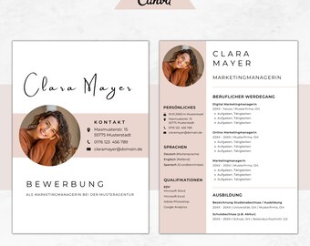 May include: A resume template with a pink background and a photo of a woman smiling. The resume includes the woman's name, Clara Mayer, her contact information, her work experience, and her education. The text on the resume is in German.