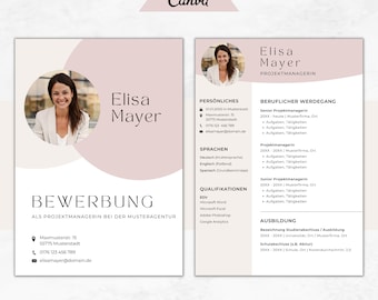 May include: A pink and white resume template with a photo of a woman. The resume includes personal information, work experience, education, and skills. The text on the resume includes the name "Elisa Mayer", "Project Manager", and "Senior Project Manager".