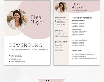 May include: A resume template with a pink and white color scheme. The resume is for a project manager named Elisa Mayer. The resume includes personal information, work experience, education, and skills. The resume is designed to be visually appealing and easy to read.