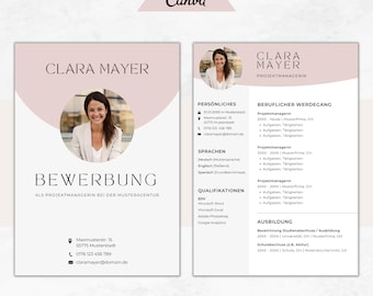 May include: A pink and white resume template with a photo of a woman smiling. The resume is for Clara Mayer, Project Manager. The resume includes personal information, work experience, education, and skills.