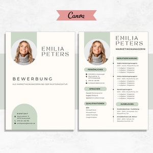 May include: A light green and white CV template featuring a photo of a woman smiling. The CV is for Emilia Peters, Marketing Manager. The CV includes sections for personal information, languages, qualifications, work experience, and education.