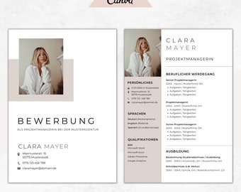 May include: A resume template with a professional photo of a woman, a white background, and black text. The resume includes personal information, work experience, education, and skills. The text includes the name Clara Mayer, Project Manager.