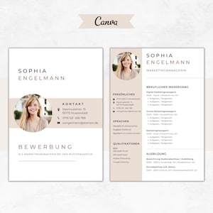 Könnte beinhalten: Eine Lebenslaufvorlage mit einem Foto einer Frau, Kontaktinformationen und einer Liste von Qualifikationen und Berufserfahrung. Der Lebenslauf ist in einem modernen Stil mit einem hellbraunen Hintergrund und weißem Text gestaltet.