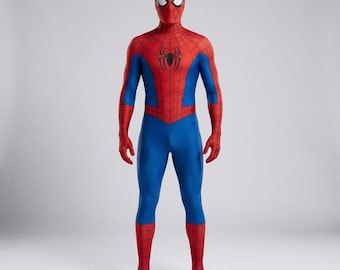 May include: A full-body spandex costume featuring a red and blue colour scheme. The red sections on the head, chest, and lower legs display a black web pattern. A black spider emblem is centred on the chest, and the mask has white eye lenses.