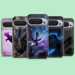 May include: A collection of five phone cases featuring dragon-themed designs. The cases showcase various dragon illustrations, including a purple dragon silhouette, a dragon's head, and dragons with blue flames, set against backgrounds of purple, blue, and black.