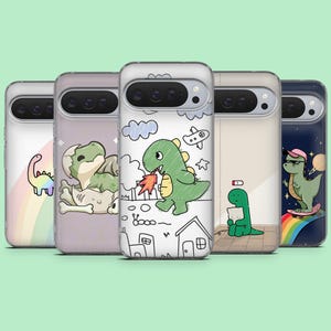 May include: A collection of five phone cases with dinosaur-themed illustrations. The designs include a dinosaur on a rainbow, a dinosaur hatching from an egg, a fire-breathing dinosaur, a dinosaur with a book, and a dinosaur on a skateboard.