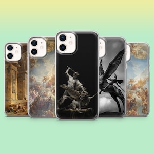 Può includere: Una collezione di custodie per telefoni con vari design. Le custodie presentano immagini di dipinti classici, sculture e rendering artistici. Le custodie sono esposte su uno sfondo sfumato verde e giallo.