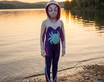 Spider-Gwen-Kostüm, Gwen-Stacy-Halloweenkostüm, Geisterspinnenkostüm für Kinder und Erwachsene, weiß-lila Spidey-Cosplay-Superhelden-Outfit
